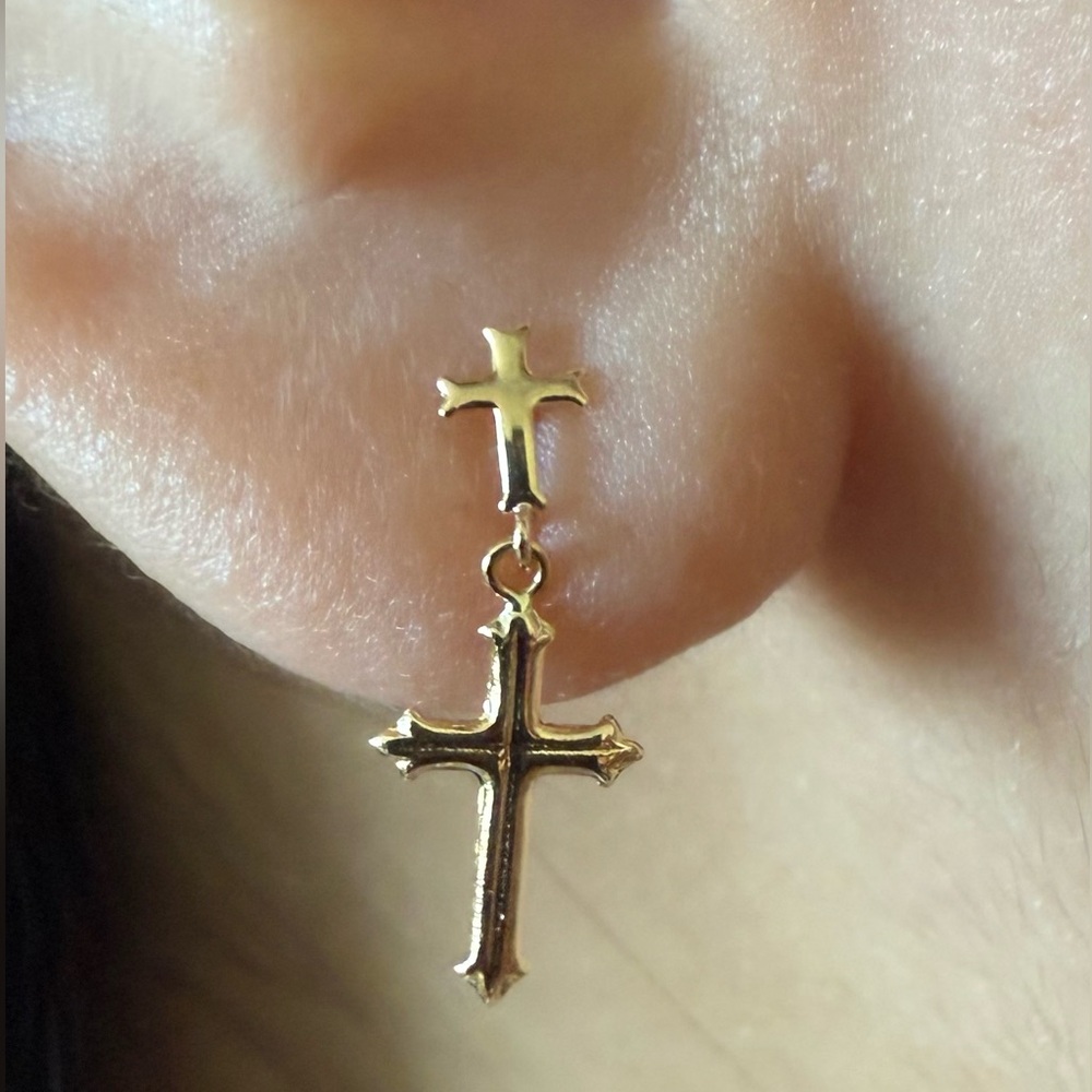 18K Solid Yellow Gold Cross Dangle Earrings